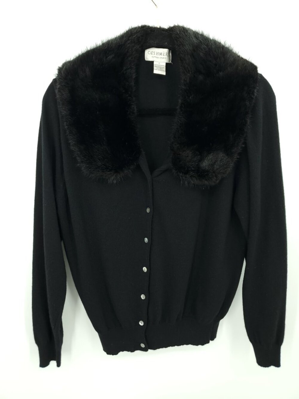 VTG Sutton Studio 100% Cashmere Cardigan W/Faux Fur Collar L Black